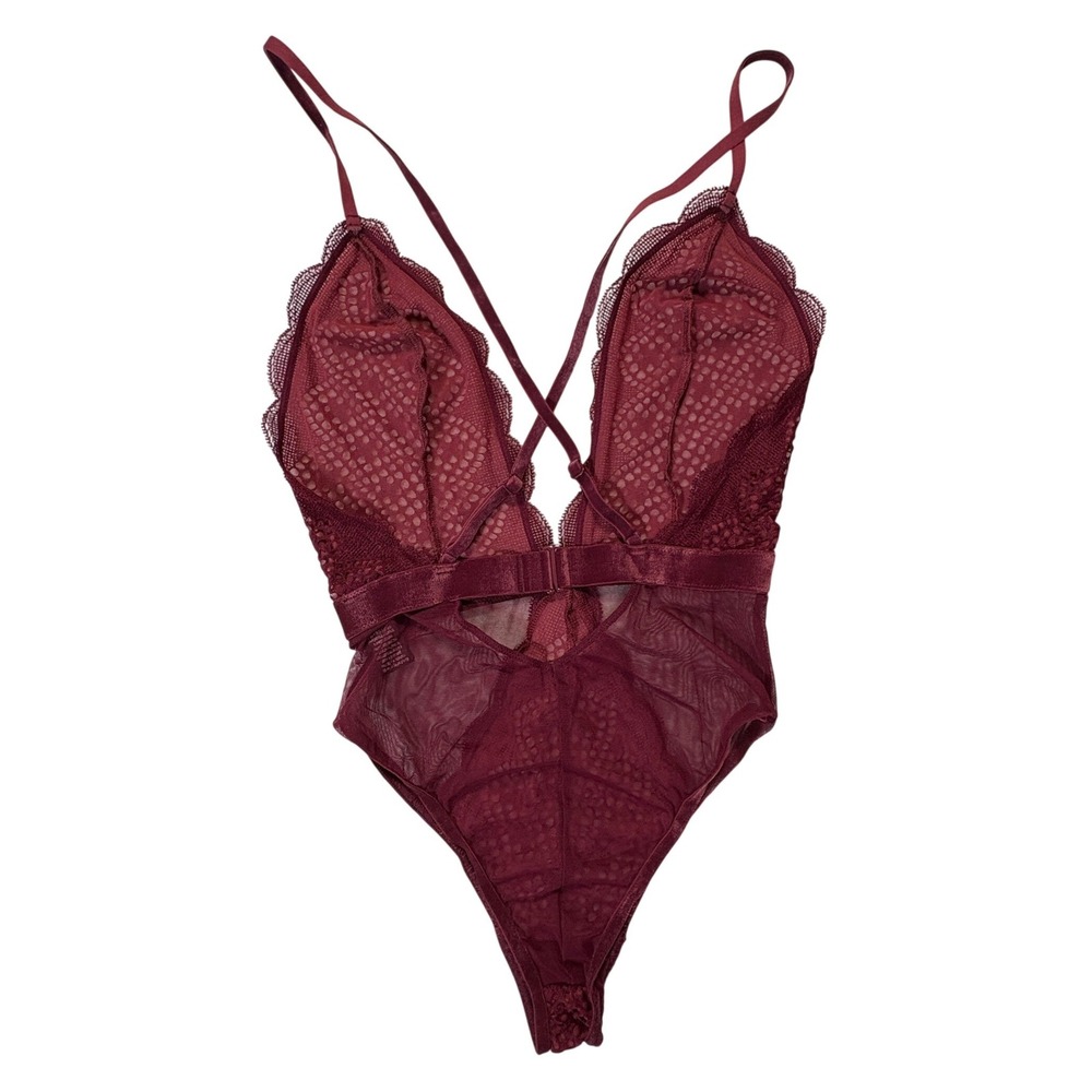 Victorias Secret Burgundy Lace Mesh Bodysuit XS Plunging V-Neck Strappy Lingerie